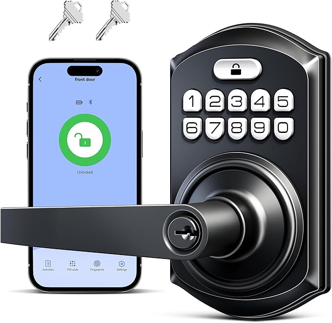 TEEHO TE019 Smart Keypad Door Lock with Handle, App Control, Keyless Entry Electronic Lock, Remote One-Time Codes, Auto Lock, Passage Mode, for Bedroom, Interior Door & Rental, Matte Black
