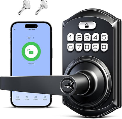 TEEHO TE019 Smart Keypad Door Lock with Handle, App Control, Keyless Entry Electronic Lock, Remote One-Time Codes, Auto Lock, Passage Mode, for Bedroom, Interior Door & Rental, Matte Black