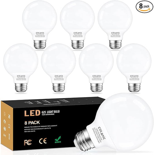 Cotanic Bathroom Round Light Bulb, E26 Standard Base, 5W, 60 Watt Equivalent Incandescent Replacement, 500LM, Non-Dimmable, 8 Pack G25 LED Vanity Light Bulb 3000K Soft White