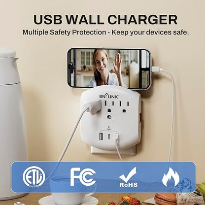 BN-LINK 3-Outlet Extender, Multi Plug Outlets with 3 USB Ports (3.4A Total), Dusk-to-Dawn Sensor Night Light, Surge Protector with Top Phone Holder, for Traveling, Home, School, Office
