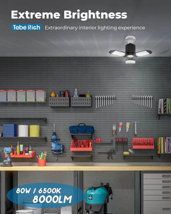 toberich LED Garage Light Bulb, 8000LM Shop Lights with 3+1 Deformable Panels, 6500K Screw in Ceiling Lights for Garage, Workshop, Workbench, Basement