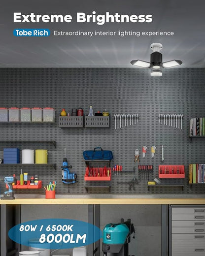 toberich LED Garage Light Bulb, 8000LM Shop Lights with 3+1 Deformable Panels, 6500K Screw in Ceiling Lights for Garage, Workshop, Workbench, Basement