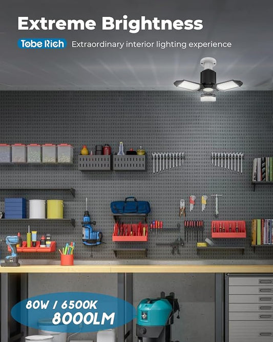 toberich LED Garage Light Bulb, 8000LM Shop Lights with 3+1 Deformable Panels, 6500K Screw in Ceiling Lights for Garage, Workshop, Workbench, Basement