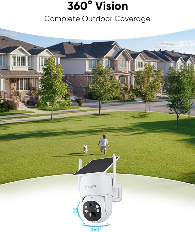 blurams 4MP Security Cameras Wireless Outdoor, 100% Wire-Free Pan/Tilt Outdoor Camera with Fixed Solar Panel, 360° View, Dual-Band WiFi 6, Human Detection, IR/Color Night Vision, Work with Alexa