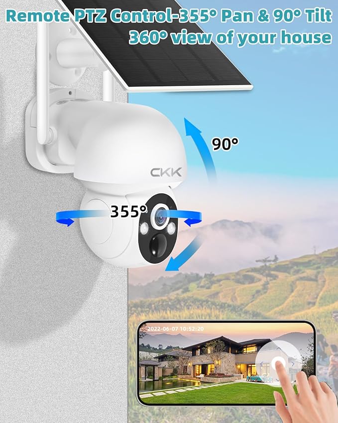 CKK 3K Solar Security Camera Wireless Outdoor, 360 Degree PTZ, PIR Motion Detection, Color Night Vision, 2-Way Talk, IP66 Waterproof, Audible & Floodlight Alarm for Home, Garage and Yard
