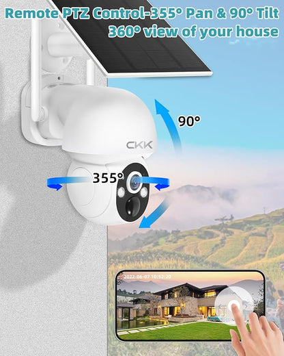 CKK 3K Solar Security Camera Wireless Outdoor, 360 Degree PTZ, PIR Motion Detection, Color Night Vision, 2-Way Talk, IP66 Waterproof, Audible & Floodlight Alarm for Home, Garage and Yard