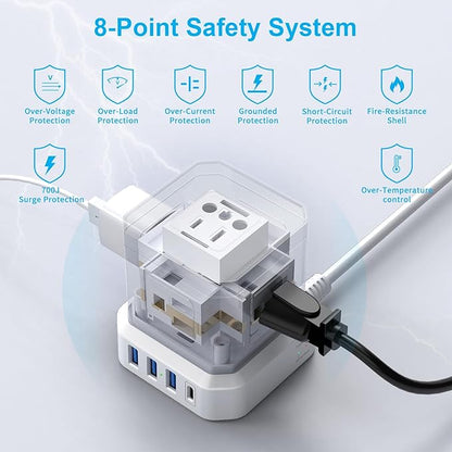 Extension Cord 25 FT, TOPREK 5 AC Outlets 4 USB, Power Strip with USB, USB C (15.5W/3.0A) Power Strip Surge Protector, Flat Plug Extension Cord for Apartment, Home Studio, RV