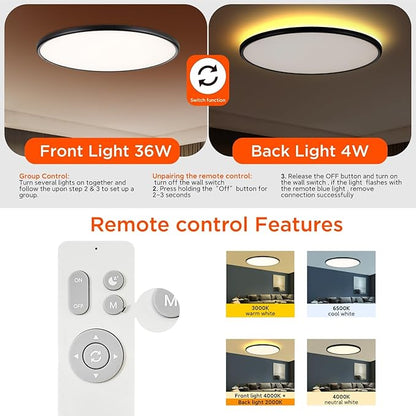 TALOYA Flush Mount Ceiling Light with Remote,3000K-6500K Adjustable,2000K Nightlight,18 Inch, Led Low Profile Ceiling Lights for Bedroom, Living Room, Kitchen, Black