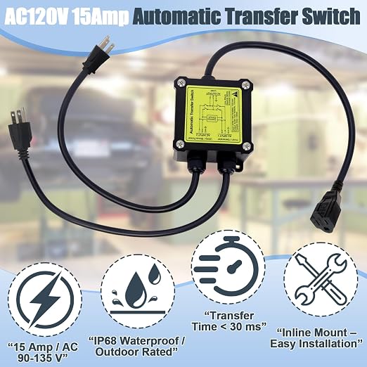 Ketofa AC120V 15A Automatic Transfer Switch, NEMA 5-15P/5-15R ATS