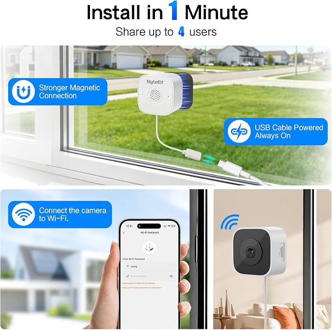 3MP Window Security Camera, Through Glass Indoor 2.4GHz WiFi Camera