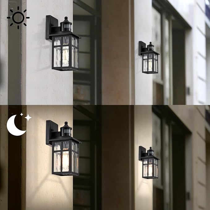 Edvivi Outdoor Wall Lights Exterior, Dusk to Dawn Motion Sensor Outdoor Lighting Fixture with Water Glass, 12 in. H 1-Light Matte Black Waterproof Wall Lantern Light for Patio Garden Garage Entryway