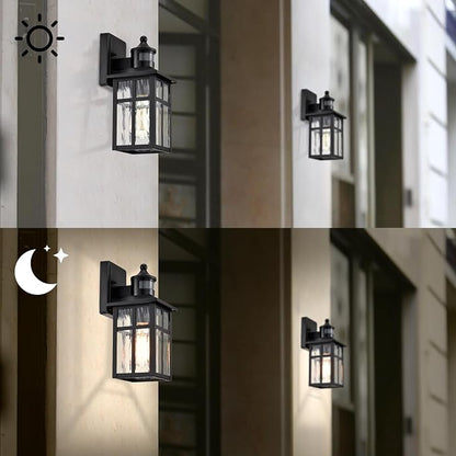 Edvivi Outdoor Wall Lights Exterior, Dusk to Dawn Motion Sensor Outdoor Lighting Fixture with Water Glass, 12 in. H 1-Light Matte Black Waterproof Wall Lantern Light for Patio Garden Garage Entryway