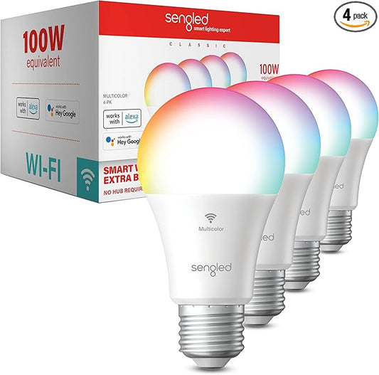 Sengled Smart Bulb, 100W Equivalent WiFi Color Changing Light Bulb, 1500LM Extra Bright Smart Light Bulb That Work with Alexa Google, Dimmable A19 Multicolor Alexa Bulb,CRI>90, No Hub Required, 4-Pack