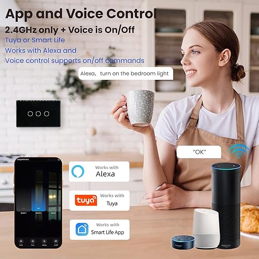 Smart Switch Aluminum Frame,2.5D Glass Panel,4.65 X 2.83 X 1.26 Inches,Need Neutral Wire,2.4GHz WiFi,Work with Tuya/Smart Life,App/Voice Control,Black 3 Button
