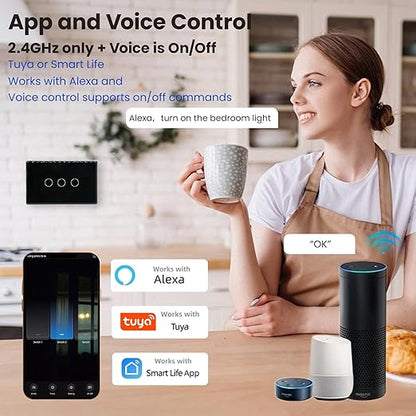 Smart Switch Aluminum Frame,2.5D Glass Panel,4.65 X 2.83 X 1.26 Inches,Need Neutral Wire,2.4GHz WiFi,Work with Tuya/Smart Life,App/Voice Control,Black 3 Button