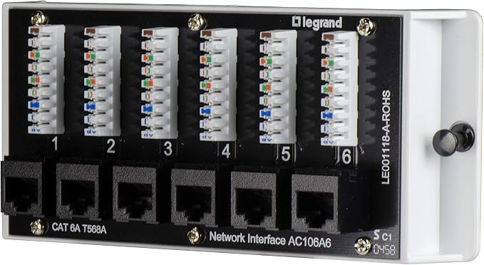 Legrand - OnQ Home Theater Patch Panel, 6 Port Interface Module, Cat 6A Network Patch Panel for Wired Ethernet Connection, Black, AC106A6