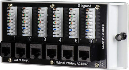 Legrand - OnQ Home Theater Patch Panel, 6 Port Interface Module, Cat 6A Network Patch Panel for Wired Ethernet Connection, Black, AC106A6