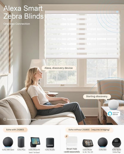 Smart Zebra Blinds for Windows, Alexa Motorized Blinds with Remote Control, Automatic Electric Power Zebra Shades for Indoor Windows (26" W x 72" H, White)