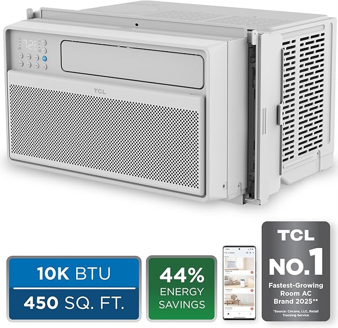 TCL 10000 BTU Q-Series Smart Inverter Window AC Unit, Best Quiet Energy Saving 115V Air Conditioner for Rooms up to 450-Sq. Ft., EZ Install, Control with Alexa, Google Assistant & TCL Home App
