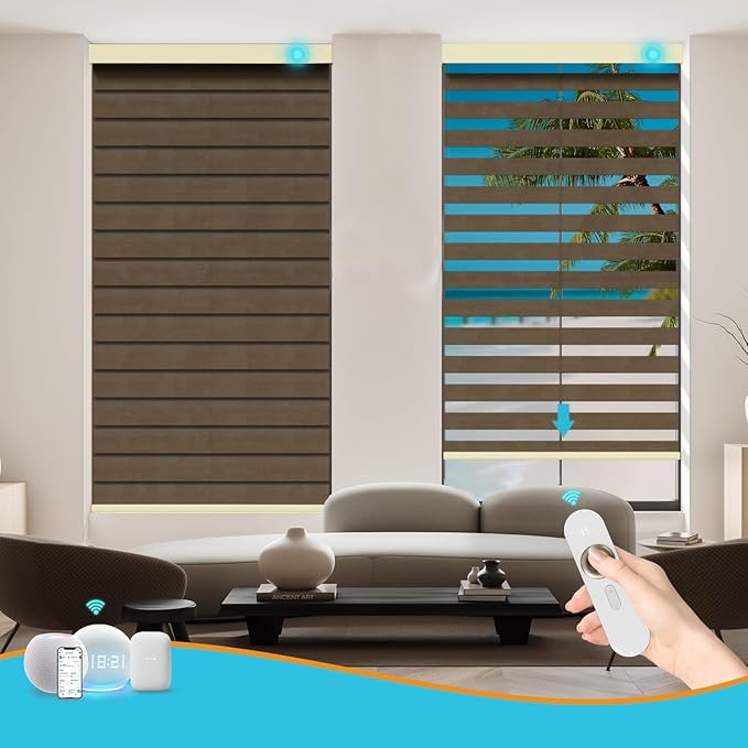 Motorized Zebra Blinds with Remote, Work with HomeKit Alexa, Smart Light Filtering Horizontal Automatic Electric Window Shades for Home Office Customsize(90% Blackout Wide Brown)