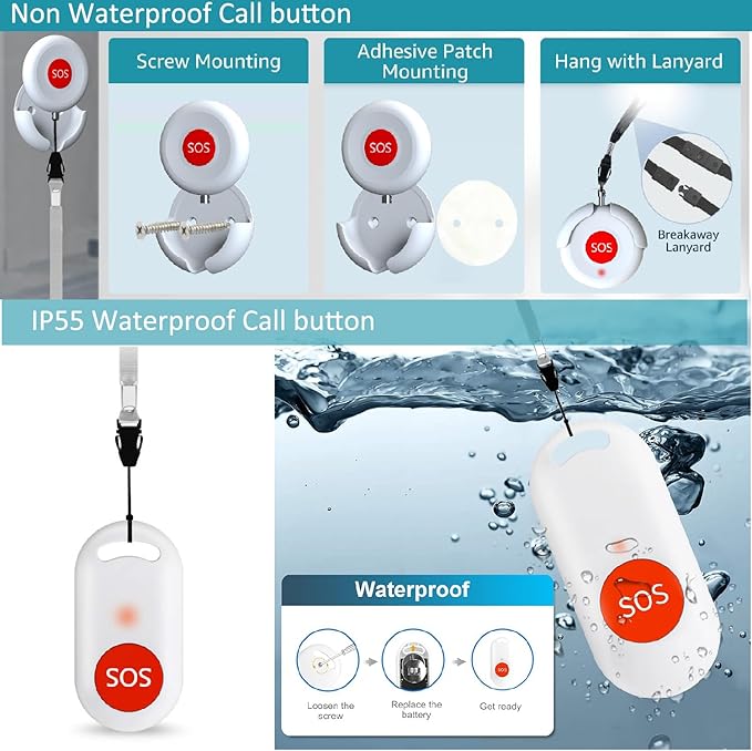 Wireless Caregiver Call Button, Rechargeable Caregiver Pager for Elderly, Call Bell for Elderly at Home,Medical Life Alert Systems for Seniors with Portable Receiver / Emergency Button with Pull Rope