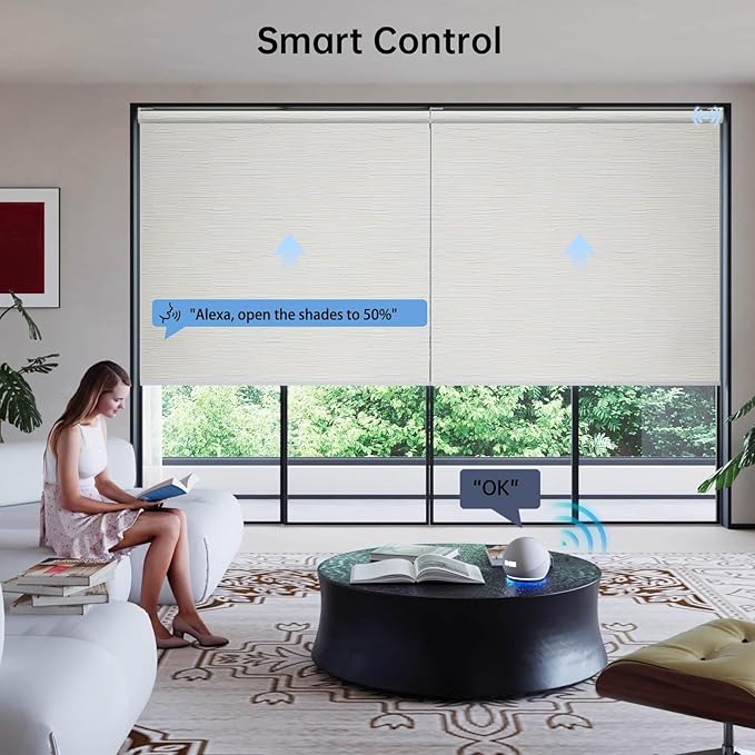 Motorized Coupled Shades, Blackout Smart Blinds for Large Windows Automatic Blinds Compatible with Alexa, Motorized Roller Shades Customized for Bedroom Home Office(Blackout-Jacquard Beige)