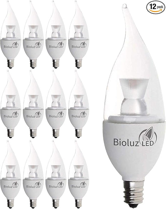 Bioluz LED Light Bulb 40W Candelabra LED Bulbs w/Flame Tip, Dimmable12 Base Candle Light Bulbs 2700K Warm White LED Light Bulb for Indoor/Outdoor Use FCC and UL Listed 12 Pack