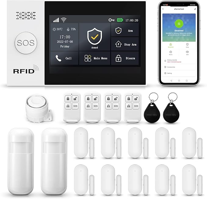 Alarm System for Home Security Touch Screen WiFi Wireless Home Alarm 20 Piece Kit with Siren PIR Motion Sensor Window/Door Sensor Remote Controls Security Systems for House