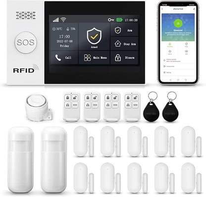 Alarm System for Home Security Touch Screen WiFi Wireless Home Alarm 20 Piece Kit with Siren PIR Motion Sensor Window/Door Sensor Remote Controls Security Systems for House