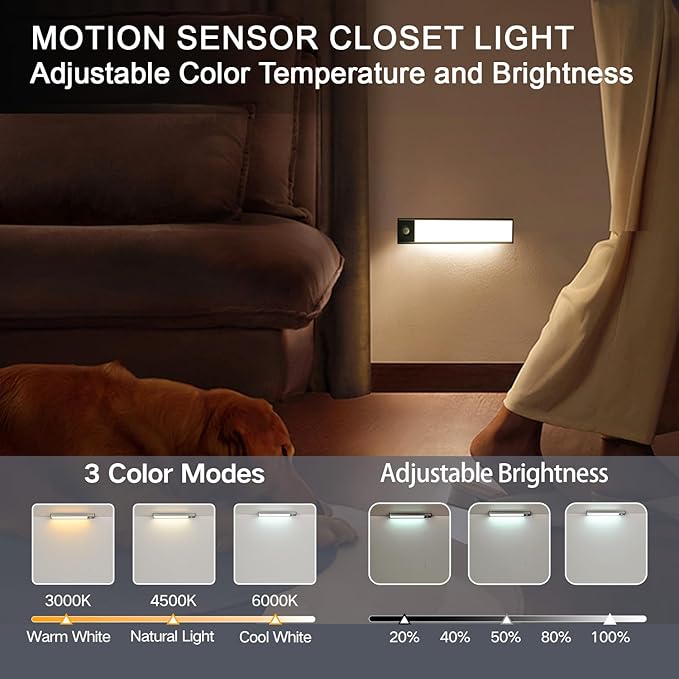 Under Cabinet Lighting, 4200mAh Rechargeable Motion Sensor Light Indoor, 240lm Wireless Under Cabinet Lights, Magnetic Battery Operated LED Closet Light for Kitchen Stair (11 Inch, Cool White, 2 Pack)