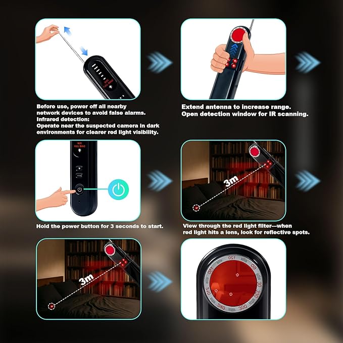 Hidden Camera Detector Hidden Bug and Camera Detector GPS Detector, Hidden Device Detector for Travel,Hotels,Home,Office,6 Levels Sensitivity