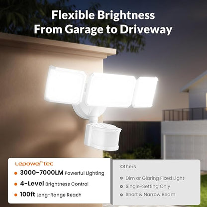 LEPOWER-TEC Zero Blind Spots Outdoor Security Light with 240° & 100ft Dual PIR Motion Sensor, 7000LM Adjustable Flood Light Brightness for Garage Driveway, Dusk to Dawn, IP65, Easy Hardwired Install