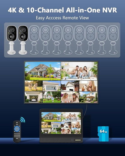 OOSSXX (100% Wire-Free) Solar Battery Home Outdoor Wireless Security Camera System Solar Powered Wi-Fi Cameras Video Surveillance with Monitor