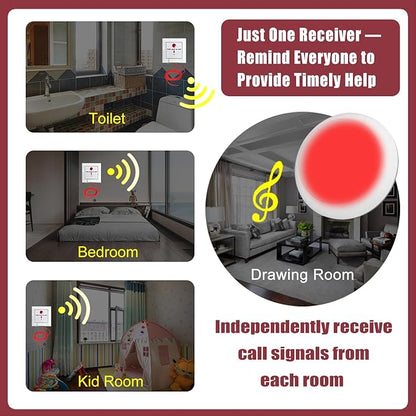 Wireless Emergency Call Button for Elderly, Bathroom Pull Cord Alarm with Strobe Light, 1 Pager Receiver 1 Help Button, Medical Alert System for Seniors, Disabled, Patients, Caregivers