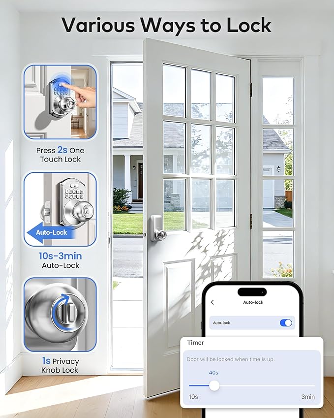 TEEHO TE018 Smart Door Knob with Keypad, App Control, Keyless Entry Digtal Door Lock with Handle, Remote Share One-Time Code, Auto Lock, Easy Installation for Front Door, Bedroom, Rental, Satin Nickel