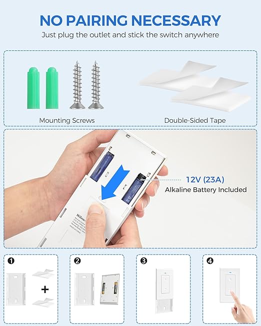 Mini Remote Control Outlet Wireless Light Switch, Programmable and Removable Remote Outlet Switch Kit for Lamps, Fan, Home Appliance, 100ft RF Range, No Wiring, FCC Listed W08RC1106