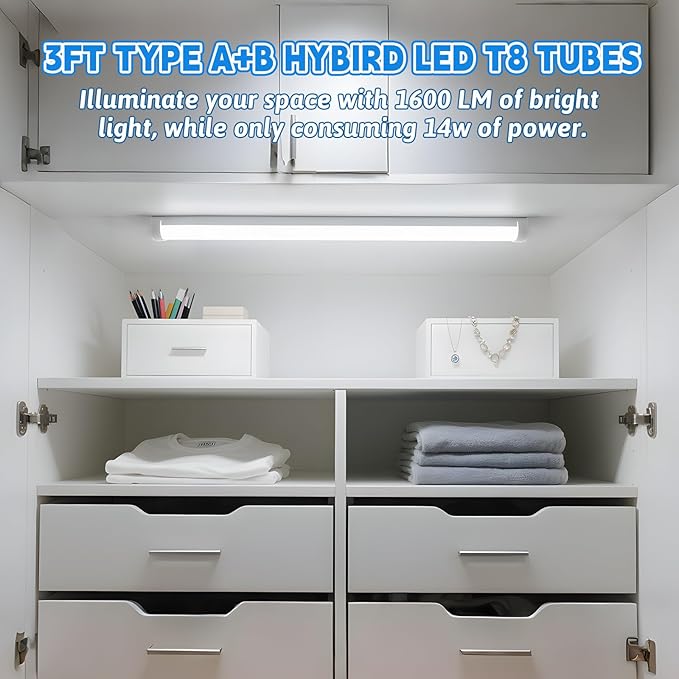 Romwish 36 Inch T8 LED Tube Light, 14W(30W Equiv.), 1600LM, 5000K Daylight, Type A+B Plug & Play or Ballast Bypass, F25T8 Fluorescent Replacement, Double-Ended Power, Under Cabinet Light, 12 Pack