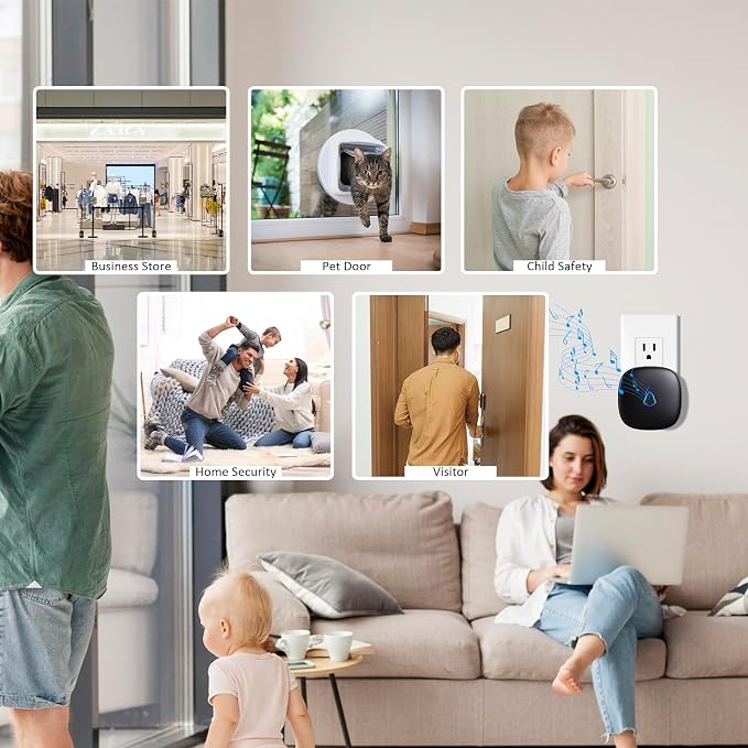 Wireless Motion Sensor Alarm Indoor, METAK 1 PIR Detector 1 Receiver,Black | Movement Activated Doorbell Chime for Home Doorway/Business Entry/Garage Security/Store Entrance,Pet/Elderly/Dementia Monitor