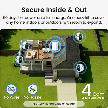 aosu Wireless Indoor/Outdoor Security Camera Kit with aosuBase Local Storage, 2K with 6X Zoom, 4-View Live, Cross-Camera Person Timeline, PIR + AI Human Detection, Color Night Vision, 4-Cam-Kit