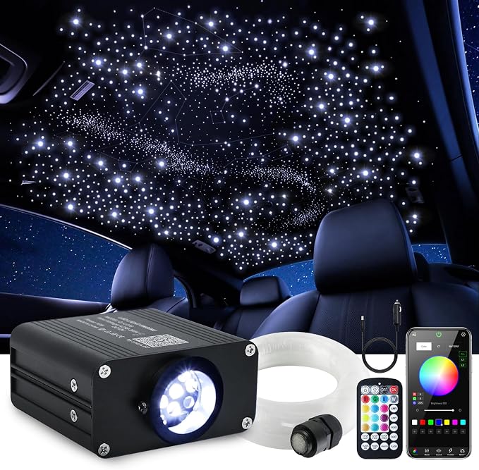 16W Car Home Starlight Headliner Kit, Twinkle & Sound Activate RGBW Fiber Optic Lights with APP & Remote Control, Star Lights for Ceiling Decoration, 500 pcs 9.8ft