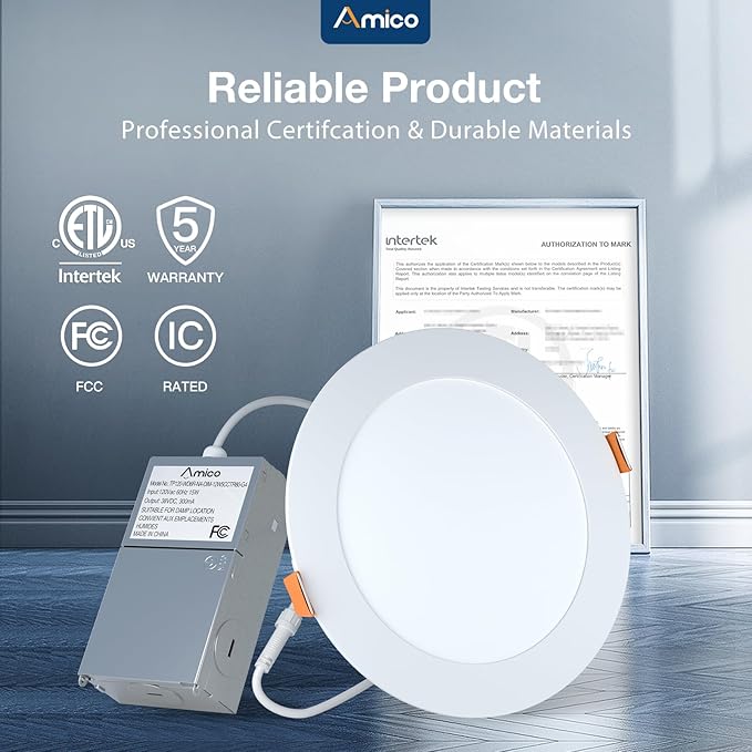 Amico 36 Pack 6 Inch 5CCT Ultra-Thin LED Recessed Ceiling Light with Metal Junction Box, 2700K-5000K Selectable, 1050 LM, Dimmable Canless Wafer Downlight, 12W Eqv 110W-ETL&FCC