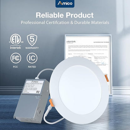 Amico 36 Pack 6 Inch 5CCT Ultra-Thin LED Recessed Ceiling Light with Metal Junction Box, 2700K-5000K Selectable, 1050 LM, Dimmable Canless Wafer Downlight, 12W Eqv 110W-ETL&FCC
