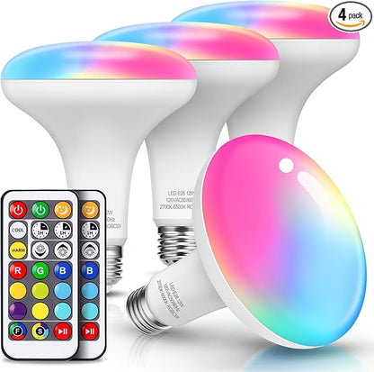JandCase BR30 Color Changing Flood Lights, RGB+Warm+Cool White LED Recessed Light Bulb, 12W(100W Equivalent), 1050lm, Remote Control, Dimmable Multi-color Can Light Bulbs for Ceiling, E26 Base, 4 Pack
