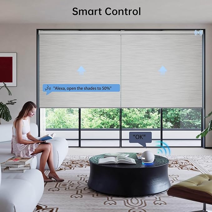 Motorized Coupled Shades, Blackout Smart Blinds for Large Windows Automatic Blinds Compatible with Alexa, Motorized Roller Shades Customized for Bedroom Home Office(Blackout-Foggy Gray)