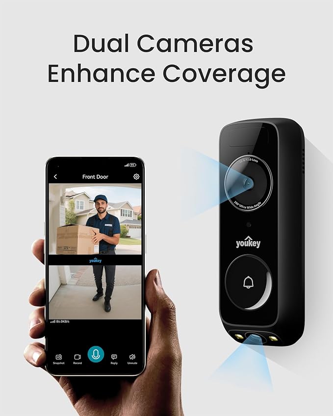 youkey Doorbell Camera Wired with Chime, No Monthly Fee, 2K Wired Doorbell with Head-to-Toe Video, Package Detection, 2.4/5GHz WiFi-6, Built-in 8GB Storage, Two-Way Talk, Color Night Vision, DB322