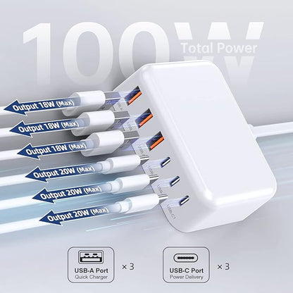 100W 6 in 1 USB Charger, 50% Smaller Charging Station for Multiple Devices | Fast Charging Blocks with Type C Port, USB Charging Hub Organizer Multiport Power Strip for iPhone,Samsung,Ipad,Kindle,Travel