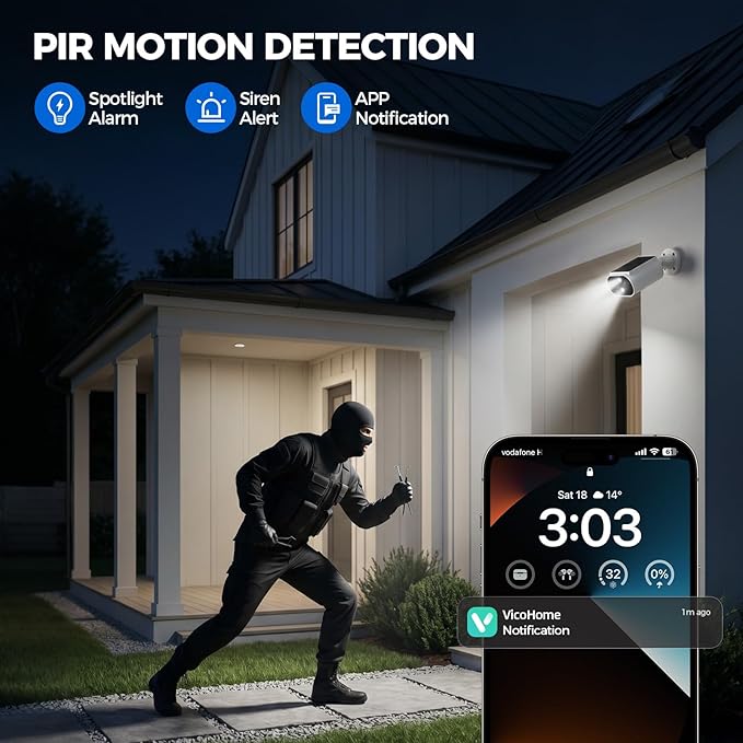 AlkiVision Solar Security Cameras Wireless Outdoor - 2K Night Color Vision Cameras for Home Security, AI Motion Detection, 360° View, Spotlight, 2-Way Audio, Siren, IP67 Waterproof, SD/Cloud Storage