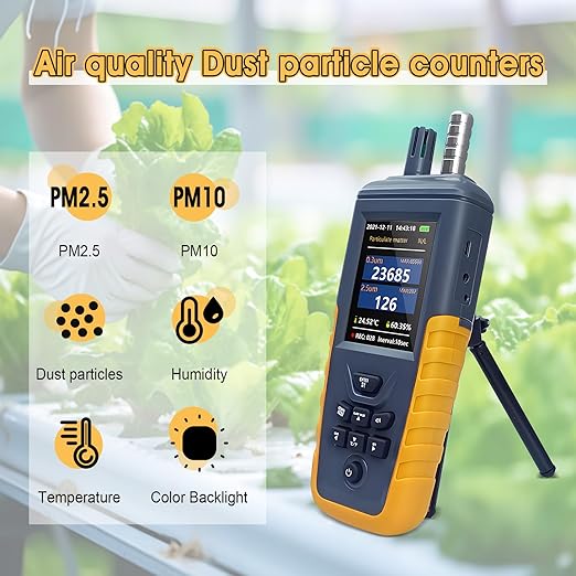 Dust Particle Counter High Sensitivity 3-Channel PM0.3/2.5/10 um Air Quality Monitor 0~1000μg/m³ USB Rechargeable Data Transfer/Temperature and Humidity Monitor