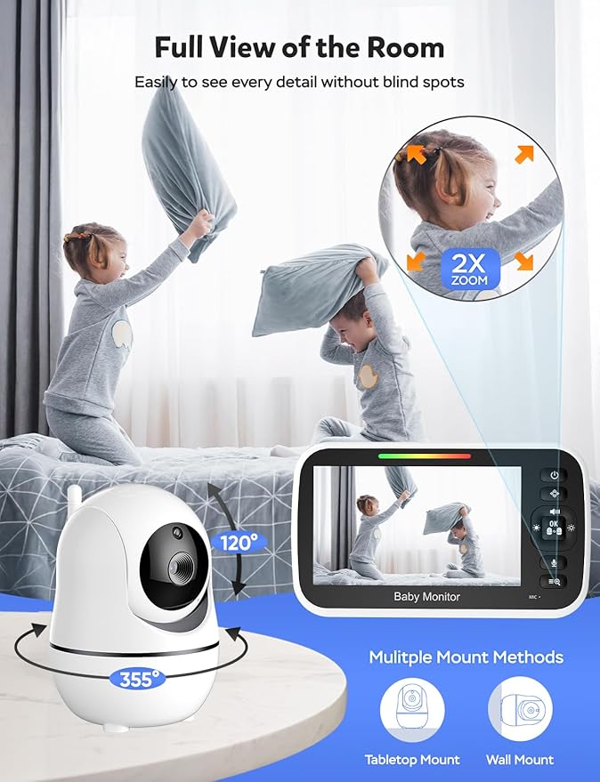 GoodBaby 5" Baby Monitor with 3 Cameras and Audio, No WiFi Secure Camera, 30-Hour Battery, Remote PTZ, Auto Night Vision, Room Temperature, Two-Way Audio，Lullabies，960 ft Range