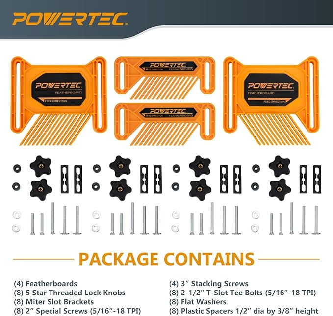 POWERTEC Tandem Feather Boards for Table Saw, Router Table & Bandsaw - 4PCs Combo Set, Fits T-Track & Miter Slot - Woodworking Tools & Accessories to Reduce Kickback & Increase Safety (72027)
